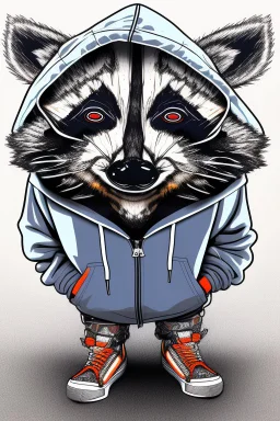 A cheeky raccoon, streetwear, hoody, sneakers,attitude,white background, 2d flat hand Drawing