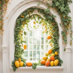 A window in white with an arch decorated with mangoes and light green leaves and soft orange bright colors.