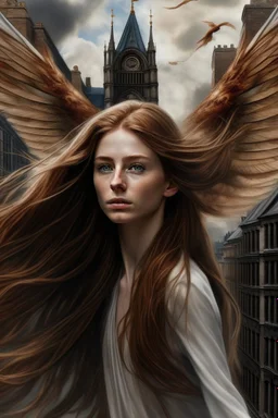 A realistic portrait of an Angel flying over London with long Aubern hair