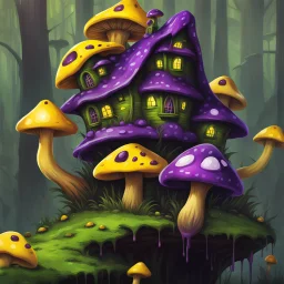 A weird mushroom house with drippy spots and eyeballs on a floating island. black green yellow purple Detailed gloss Painting, rich color, fantastical, intricate detail, splash screen, hyperdetailed, insane depth, concept art, 8k resolution, trendi