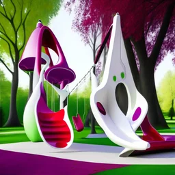 Parque infantil juegos columpios tobogán estilo Zaha Hadid obra de arte digital detallada color blanco crema y violeta rojo imperial impactante árboles verdes niños personas foto realista arte pop iluminación cinematografica 4k