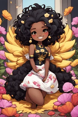 A sassy thick-lined comic book art cartoon black chibi girl lounging lazily on her side, surrounded by flower petals. She has a golden lion tail curling playfully behind her curvy body. Looking up coyly, she grins widely, showing sharp lion teeth. Her poofy hair forms a mane framing her confident, regal expression.