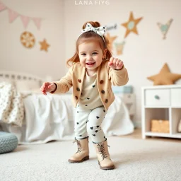 a 2 years old girl in modern clothing and makeup dancing with cute and joy with pertty boots in a baby bedroom