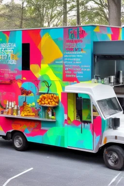 modern looking food truck that has a bunch of bright paint and flashy lights