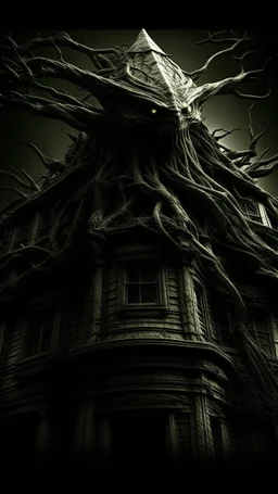 A demonic figure with a triangular body with long arms and creepy small eyes that is floating in a dark room