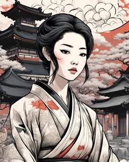 Textures,caligraphic line art japanese woman and temple ink color style ,Comic book,cartoon,intricate details,sharp focus,3d, high resolution