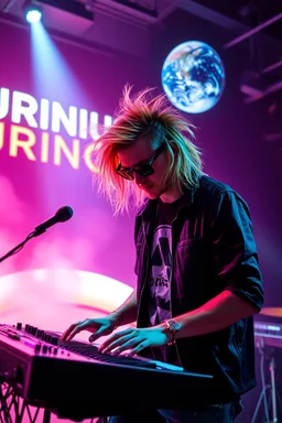 French cool synth player with crazy techno acid hair, he is called "Jean-Maurice Brûlée" performing at dance club, his name is "Jean-Maurice Brûlée" , white and orange Neon lights and oraNGE smog, and "URINIUM" big sign on the wall, he is playing on synthesizers on stage with lot of laser beams and wearing black sunglasses, an earth is projected in background