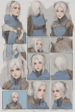 Dnd character sheet. A female Aaismar twilight cleric with white hair and blue eyes, wearing gray robes. Etreal, beautiful