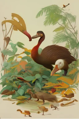 John James Audubon-like illustration of a fully uncropped Dodo bird and a Platypus in a landscape of warm yellows, warm reds, and warm blues