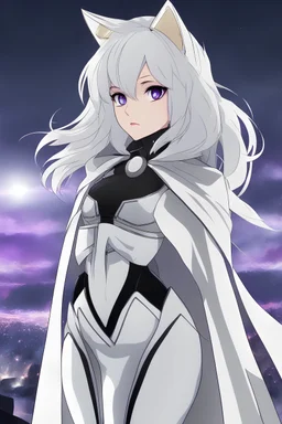 Pale Woman with white hair, wild bangs with shoulder length hair, violet eyes, silver and white futuristic corset, wearing a flared skirt and thigh boots, white cloak, lynx ears, smug, villain, night sky background, RWBY animation style