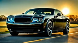 A sleek (((a fusion of dodge challenger and rolls royce))), its glossy shell reflecting the (((bright sun))), cutting through a (((clear bright blue morning sky)))