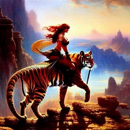 Drawing of beautiful face,'Red Sonja riding a Tiger',intense stare, ancient metal armor, balanciaga fashion clothe painting by gaston bussiere, greg rutkowski, yoji shinkawa, yoshitaka amano, tsutomu nihei, donato giancola, tim hildebrandt Oil on canvas, cinematic composition, extreme detail,fit full head inside picture,16k