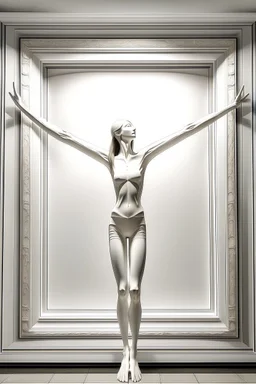 a tall slender woman is standing in front of a large white picture frame displayed on the wall of an art gallery. The frame is traditional in style but looks like and has the texture of white clay. Her arms are outstretched like da vinci’s vetruvian man, and the length of her arms and body corresponds to the width of the picture frame. Her feet are perched on a surreal small shadow rock and it looks like she is floating above calm water. The picture is without canvas but an abstract landscape em