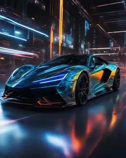 full length picture featuring a supercar adorned with intricate,futuristic technology elements. Enhance the coolness factor by incorporating sleek,neon lighting effects and a dynamic pose that suggests movement or energy. Include visually striking details that suggest advanced capabilities or intelligence,such as holographic interfaces or energy pulses.The color palette should be rich and vibrant to accentuate the high-tech aesthetic.Add cyberpunk elements