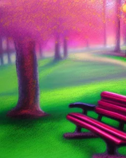 park mystical dream, park bench, man, woman, child, dog, trees, path, bird, sunshine, mystical, fantasy, romanticism, pastel colors, daylight, daytime, acrylic painting, detailed, soft focus,