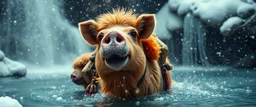 explorer in deep trouble by the water fall, glitter disco glam luxury camel pig in snow storm