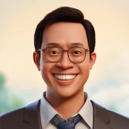 a portrait of smiling a man. netherlands-indonesia blood. round 40years old. carricature. dark black hair. short hair. light brown skin. dark brown eye pupils. wearing small rectangle, thin frame glasses. square face shape. formal dress. pixar style. 3D. 4k. portrait. highly detailed. sharp focus. high resolution. full color. cinema lighting