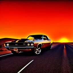 muscle car, desert road, sunset, full colour,