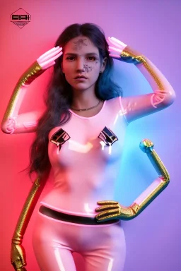 Ultra Realistic image, Rosalía artist, 40 years old, portrait, normal complexion, natural small busty, traditional little tattoo, two bows, little chopsticks hair ,black eye long liner, latex t-shirt and inflatable coat, gold pink and blue style, spray line glow make up, geometric led jewelry, fog, hot, inflatable style latex coat, vibrant color, highly detailed, art stations, concept art, smooth, unreal engine 5, god rays, ray tracing, RTX, lumen lighting, ultra detail, volumetric lighting.