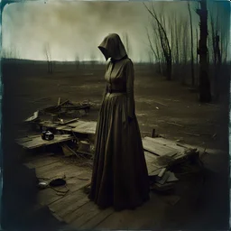 Photorealistic polaroid nothingness and distressing anguish old wooden figure wasteland night Max Ernst Hieronymus Bosch, shot on Hasselblad, movie shot, details of the dress accentuated, nightmare, hypermaximalist