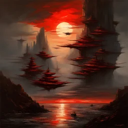 FLYING ISLANDS ON THE BACKGROUND OF A SCARLET SUNSET, dark tones, oil and pencils,, Raymond Swanland & Alyssa Monks