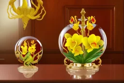 1512857901 hypersigil photograph of a beautiful yellow and red orchid in a clear glass rococo inspired vase on a mirrored deco themed end table in a shadowy corner of a nouveau era room with wood paneling in the style of Robert maplethorpe, tropical birds, lizards, snakes, insects, gorgeous, shamanic, ethereal, photorealistic, embellishments, long shot, wide shot, dof, deep focus, 3d render