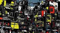 A chaotic, punk-style cityscape in the style of Jean-Michel Basquiat
