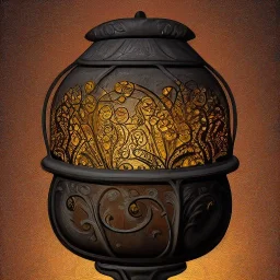 fireflies inside a wrought iron carved bell jar, luminescent glow, intricate, ornate, highly detailed digital painting, sharp focus, warm tones, ultra realistic, swirling mist