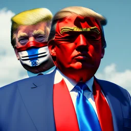 realistic image of donald trump as a mexican wrestling fighter posing outdoors, Mexican wrestling mask, red and blue breeches, suspenders, retro style, 80s, vibrant color, highly detailed, sky background, concept art, unreal engine 5, god rays, ray tracing, RTX, lumen lighting, ultra detail, volumetric lighting, 3d, finely drawn, high definition, high resolution.