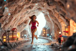 make a video pretty crystal cave covered with jewells and CIFI jewell lights and miniature city buildings and miniature people and streets, a beautiful fashion model lady with cute,curvy hair,makeup, in pretty sports suit is running inside cave ,dynamic camera fallow her inside cave capturing full body, dynamic lights.