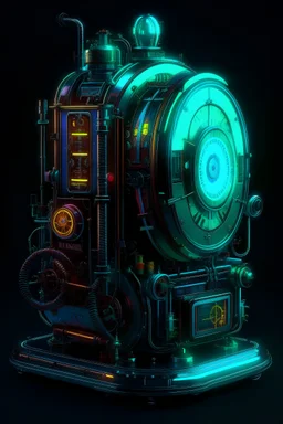 3d rendering of a hyperrealistic “ cyberpunk time machine ”: side view, symetric, artstation: award-winning: professional portrait: fantastical: clarity: 16k: ultra quality: striking: brilliance: masterfully crafted.