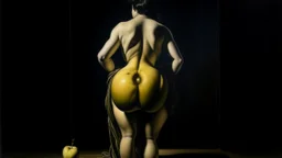 Femalenudefrombehind,lyingfacedownonawoodentable,withanapplenearherhand.Metaphysicalartstyle,inspirationfromGiorgiodeChirico,elongatedshadowsandemptyspaces.