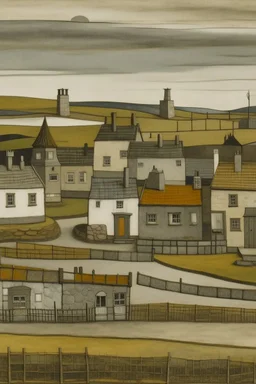 A gray Scottish village with shields designed in German folk art painted by Mark Rothko