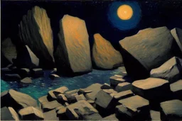 Rocks, night, 2000's sci-fi movies influence, gustave caillebotte impressionism painting