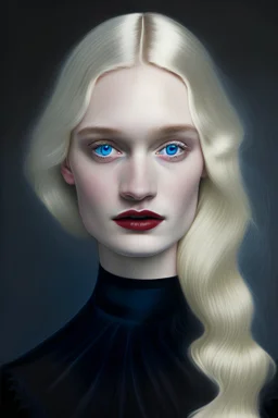 A woman with soft blonde hair, blue eyes, and a white face, wearing a black velvet dress