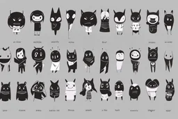 6 simple shaped hand drawn cartoon characters that are cute dark and have hoodies