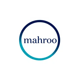 A circular logo with the name (mahroo) designed for a cosmetics store with the symbol of the moon and turquoise and indigo colors and a blue and black circle around the work with cosmetics and nail polish, lipstick, cologne and body spray