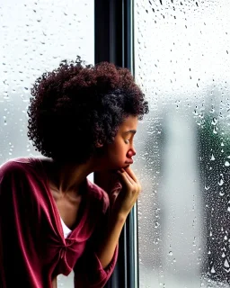 Crying girl, sad, expressive, emotive, frowning, furrowed eyebrows, pouting lips, African American, curly hair, looking out rainy window,