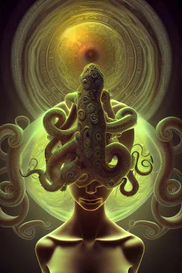 Spiritual being with Tentacles over human Head creating reality around, wrapping Spiral around Human, Psychedelic