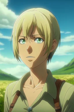 Attack on Titan screencap of a female with short, Wolf cut hair and big greenish black eyes. Beautiful background scenery of a flower field behind her. With studio art screencap.