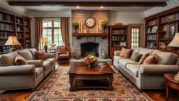 A traditional living room with a large, upholstered sofa and matching armchairs arranged around a wooden coffee table. The room has a single, stone fireplace with a mantel decorated with candles and a clock. There is a patterned rug on the floor, bookshelves filled with books, and family portraits on the walls. Award-winning photograph, beautiful composition, exquisite detail and illumination