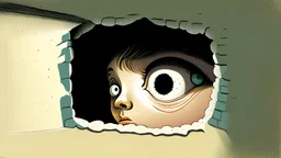 Ilustración de un niño espiando con su ojo a través de una pequeña abertura en la pared.