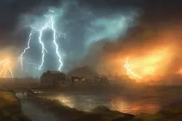 Small fantasy town, stormy, lightning, dynamic lighting