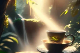 steaming tea in a beautiful china cup on a wooden table, rainforest and a waterfall in the distance in sunshine, ethereal, cinematic postprocessing, bokeh, dof