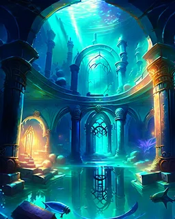 Atlantis palace dungeon room dungeon with a chrome cube floating over it painterly sci fi fantasy art