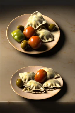 Ravioli dish by renaissance style still life oil painting with natural tomato, albahaca, olives, olive oil. moisture, art, natural, ornaments, marble, gold, high kitchen, smooth, gradient color background, unreal engine 5, ray tracing, RTX, lumen lighting, ultra detail, volumetric lighting, 3d.