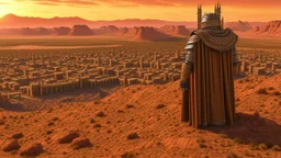 Desert warrior from behind looking at a city on a plato in the distance,