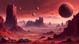 red cloudy sky, planet in the sky, red rocks, mountains,giant robot parts are jutting in the ground like a dystopian waste land on mars