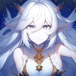 cosmic mage, elf, female, battle mage, epic, cosmic magic, long ears, white hair, face details, pale skin, jewellery, broad shoulders, sharp ears, cosmic clothes, cosmic eyes, ears shown, light out of eyes, the cosmos in eyes, stars in eyes, shining eyes, non human face, thin face, animation, detailed ears, magical eyes, non realistic, closed mouth, bigger make up, smiling face