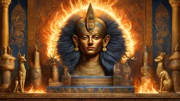 1man, portrait of godanubis in front altar with groups of egyptian, jackal head, swirl of fire, aura, magic, sparks, magic astral, ornate, details